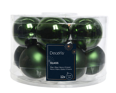 12 Green Glass Baubles Christmas Tree Decorations Dark Pine Green 5cm