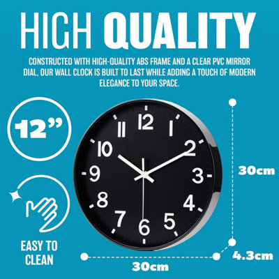 12 Inch Black Wall Clock Modern Design Battery Operated With Silent ...