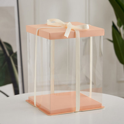12 Inch Pink Clear Plastic Cake Gift Box with Ribbon 34cm (W) x 34cm (D) x 37cm (H)