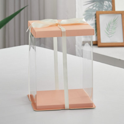 12 Inch Pink Clear Plastic Cake Gift Box with Ribbon 34cm (W) x 34cm (D) x 37cm (H)