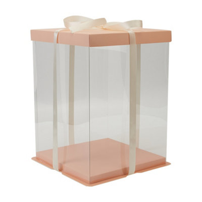 12 Inch Pink Clear Plastic Cake Gift Box with Ribbon 34cm (W) x 34cm (D) x 37cm (H) - 3