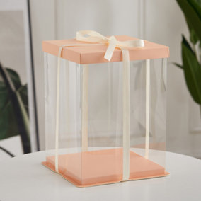 12 Inch Pink Clear Plastic Cake Gift Box with Ribbon 34cm W x 34cm D x 37cm H