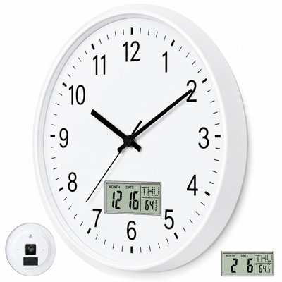 12 Inch Silent Wall Clock with Date and Day Temperature Day of Week LCD ...