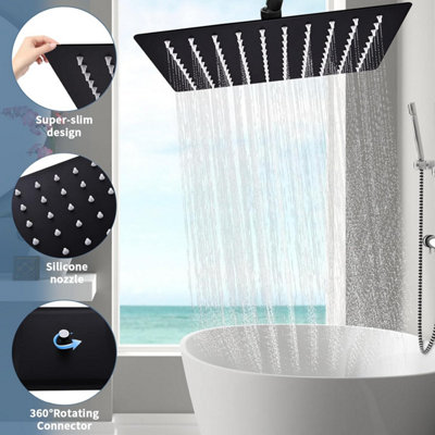 12 Inch Square Rainfall Shower Head, Black Stainless Steel Anti Rust ...