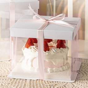 12 Inch White Clear Plastic Cake Gift Box with Ribbon 34cm W x 34cm D x 37cm H