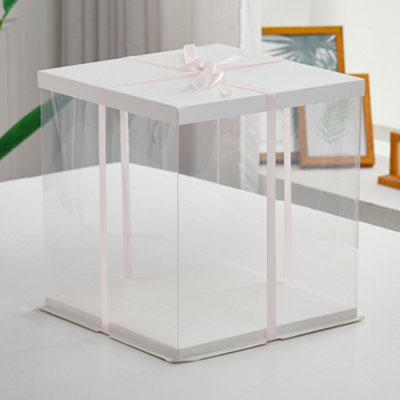 12 Inch White Clear Plastic Cake Gift Box with Ribbon 34cm W x 34cm D x 37cm H