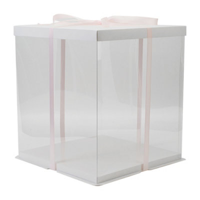 12 Inch White Clear Plastic Cake Gift Box with Ribbon 34cm W x 34cm D x 37cm H - 3