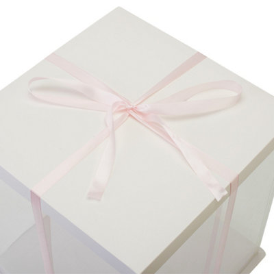 12 Inch White Clear Plastic Cake Gift Box with Ribbon 34cm W x 34cm D x 37cm H - 4
