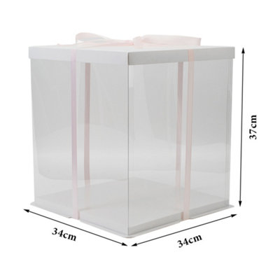 12 Inch White Clear Plastic Cake Gift Box with Ribbon 34cm W x 34cm D x 37cm H - 5