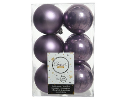 12 Luxury Shatterproof Christmas Baubles Tree Decs 6cm Frosty Lilac