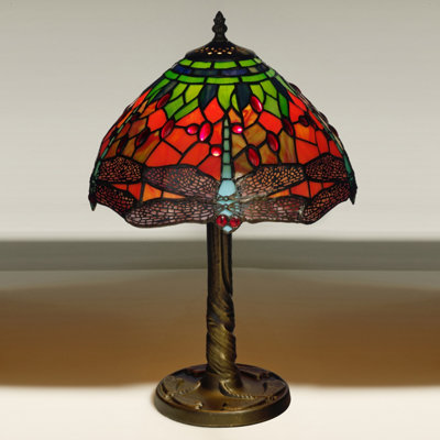 12" Mitcham Tiffany Glass Dragon Fly Table Lamp