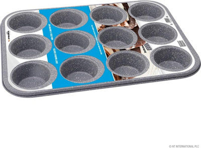 12 Muffin Tray Non Stick Carbon Steel Bake Baking Roast Tin Grey Marble Coated