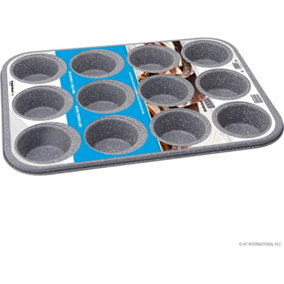 12 Muffin Tray Non Stick Carbon Steel Bake Baking Roast Tin Grey Marble Coated