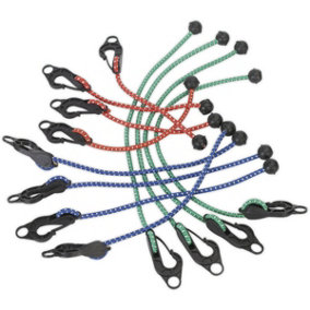 12 PACK Assorted Tarpaulin Cord Set - Ball-Ended Bungee Cords - Detachable Hook