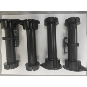 12 PACK Kitchen/ Bedroom Cabinet Legs 138mm - 174mm Height, Black Adjustable. Complete with base plates and screws