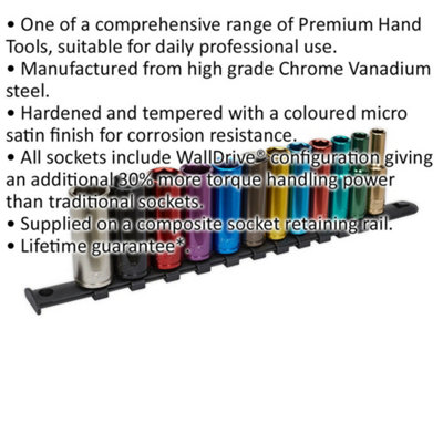 12 PACK Multi Colour DEEP Socket Set 3/8" Metric Square Drive - 6 Pt WallDrive
