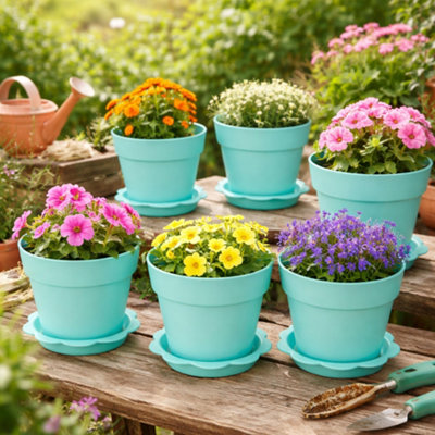 12 Pack Plastic Indoor Plant Pots with Flower Saucers 10.5cm - Cyan