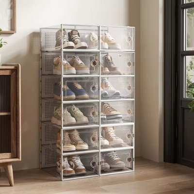 12 Pack Stackable Shoe Storage Boxes , Entryway Organizer Cabinet for Home