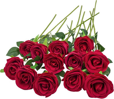 12 Pack Velvety Texture Faux Red Roses, Natural and Realistic ...