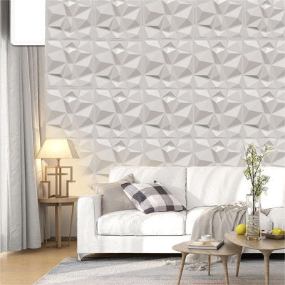 12 Pack White Square Decorative 3D Diamond PVC Wall Panels Home Wall Decor 50cm x 50cm