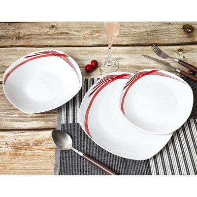 12-pc Dinner Set White Soup Dessert Plates Red Lines Semi Square Four ...