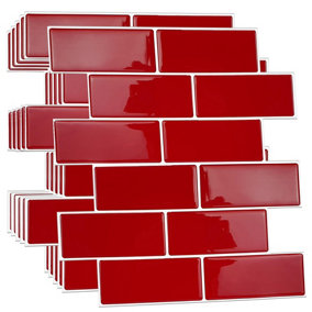 12 Pcs 30.5 x 30.5cm(12") 3D Tile Stickers Peel and Stick Backsplash Splashback Decals Tile Transfer - Cherry Red Retro Glossy