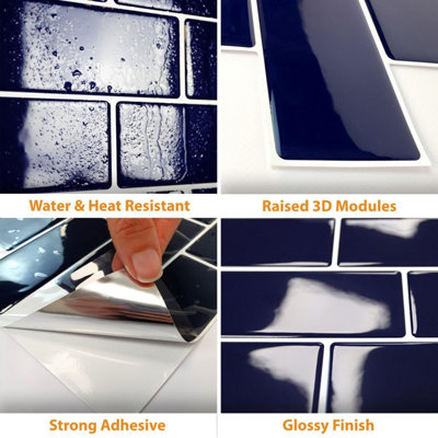 12 Pcs 30.5 x 30.5cm(12") 3D Tile Stickers Peel and Stick Backsplash Splashback Decals Tile Transfer - Deep Blue Glossy - 4