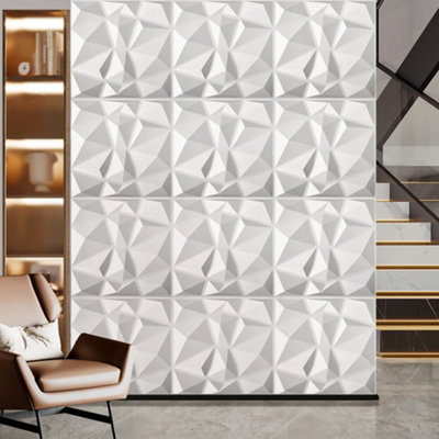 Easy Peel and Stick, Durable Plastic 3D Wall Panel - Diamond Design. 12 PANELS. 32 SF. Matte White