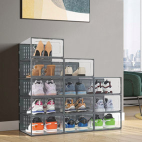 12 Pcs Grey Adjustable Stackable Plastic Shoe Storage Box Organiser 33cm (W) x 23cm (D) x 14cm (H)