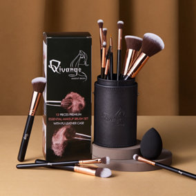12 Pcs Rose Gold Travel Makeup Brush Set with Makeup Sponge and Brush Cleaner