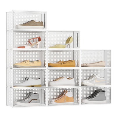 12 Pcs White Stackable Plastic Shoe Box Sneakers Storage Box Organiser, Fit Size up to 12