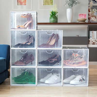 12 Pcs White Stackable Plastic Shoe Box Sneakers Storage Box Organiser, Fit Size up to 13.5