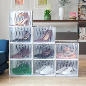 12 Pcs White Stackable Plastic Shoe Box Sneakers Storage Box Organiser, Fit Size up to 13.5