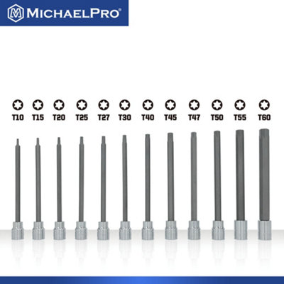 12-Piece 3/8 inch Drive 6-Inches Long Torx Bit Socket Set, T10 to T60 ...