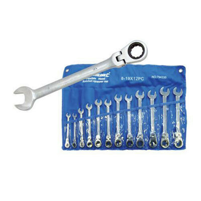 12 Piece 8mm 19mm Flexible Head Ratchet Spanner Set 180 Degree Pivoting Head