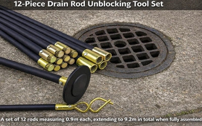 12 Piece Drain Rod Set 9m Plumbing Cleaning Unblock Drainage Worm Screw ...