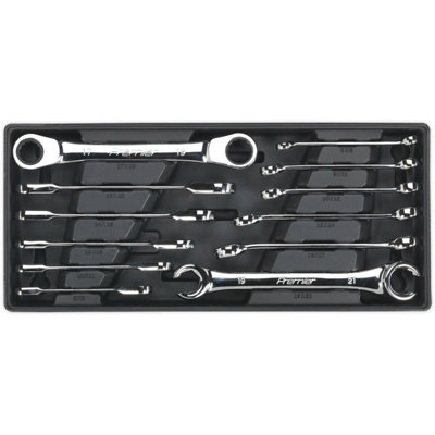 12 Piece Premium Flare Nut and Ratchet Ring Spanner Set with Modular Tool Tray for Professionals