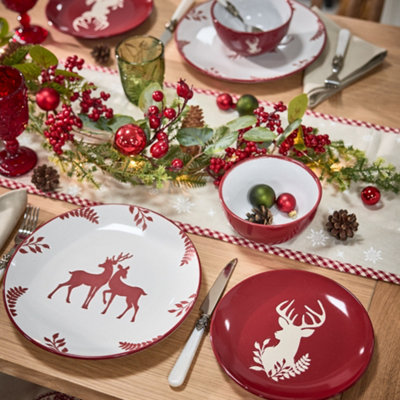 12 Piece Red Plates and Bowls Reindeer Christmas Dinner Set