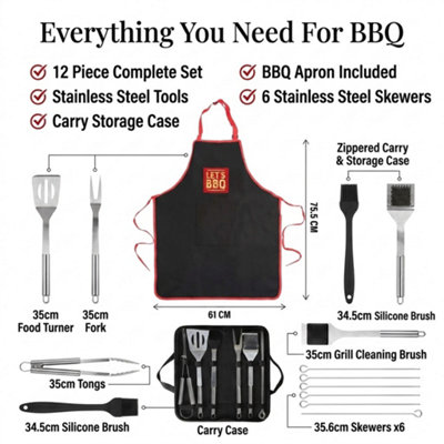 12 Piece Stainless Steel BBQ Tool Set with Carry Bag BBQ Apron & 5 Skewers Complete Barbecue Grilling Accessories Kit with Spatula