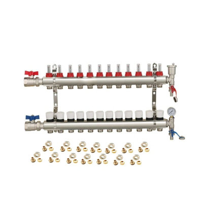 12 Ports Water Underfloor Heating Manifold with 15mm Pipe Connections, 1 inch Ball Valves, Automatic Air Vent & Pressure Gauge