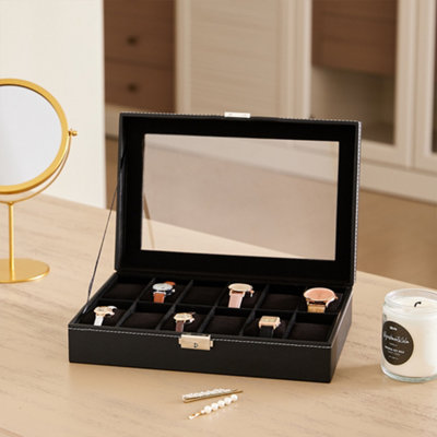 12 Slots Black Synthetic Leather Watch Display Box with Glass Lid