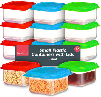 12 Small Plastic Containers With Lids 80ml - Stackable Small Food Containers 6X6x4cm - Airtight Colourful Small Storage Containers