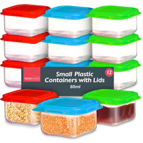 12 Small Plastic Containers with Lids 80ml - Stackable Small Food Containers 6x6x4cm - Airtight Colourful Small Storage Containers