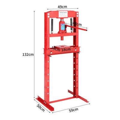 12 Ton Red H Frame Floor Standing Heavy Duty Steel Workshop Garage Hydraulic Press 132 cm - 6
