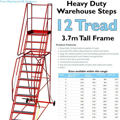 12 Tread HEAVY DUTY Mobile Warehouse Stairs Anti Slip Steps 3.7m Safety Ladder
