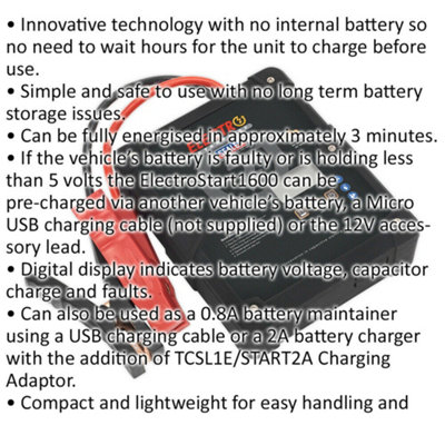 12 Volt Batteryless Jump Starter - 1600A Output - Compact Car Jump Start Tool