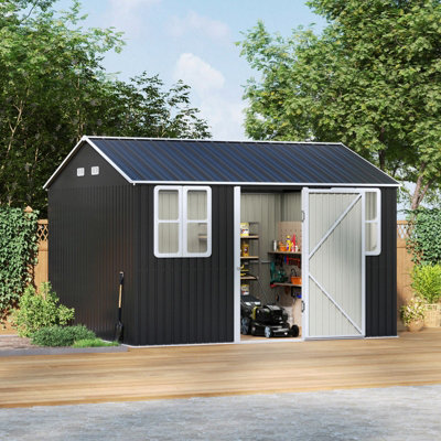 12 x 10ft Metal Shed Outdoor Apex Roof Garden Tool Shed Charcoal Black
