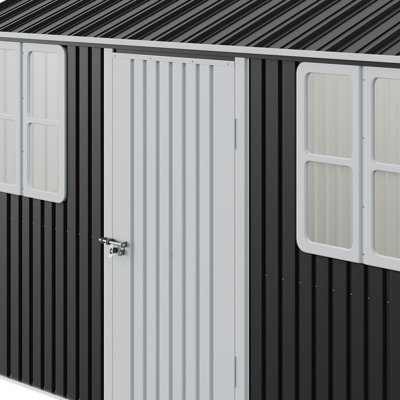 12 x 10ft Metal Shed Outdoor Apex Roof Garden Tool Shed Charcoal Black