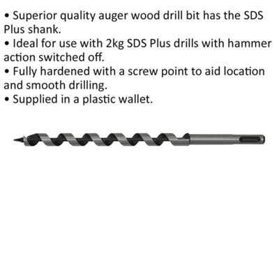 12 x 235mm SDS Plus Auger Wood Drill Bit - Fully Hardened - Smooth Drilling