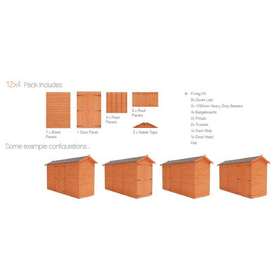 12 x 4 (3.53m x 1.15m) Wooden Tongue and Groove APEX Shed + Double Doors (12mm T&G Floor and Roof) (12ft x 4ft) (12x4)